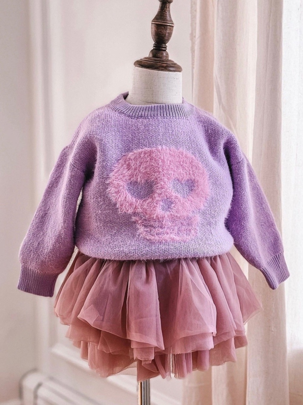 Girls' Lavender Skull Fuzzy Knit Sweater